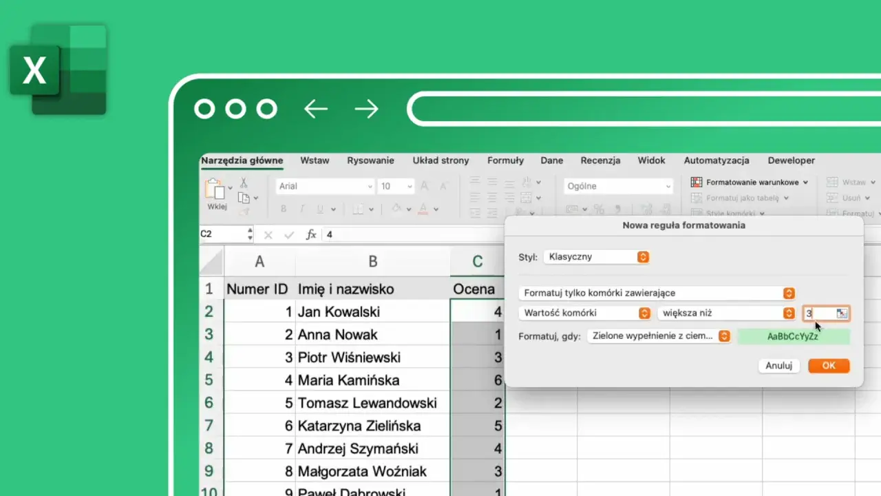 Excel zadania z rozwiązaniami: tworzenie reguły formatowania warunkowego dla ocen większych niż 3.