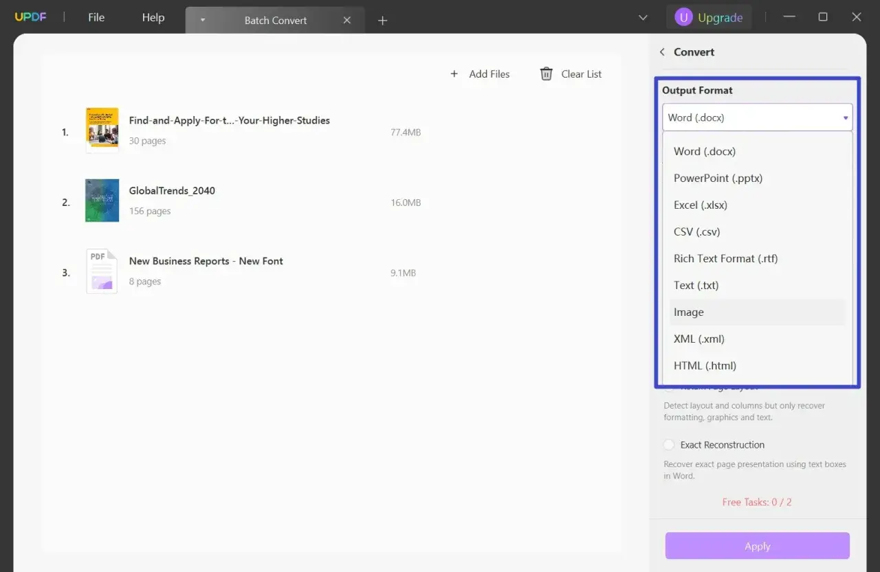 Jak zamienić PDF na Word? Wybierz format wyjściowy "Word (.docx)" w programie do konwersji plików.