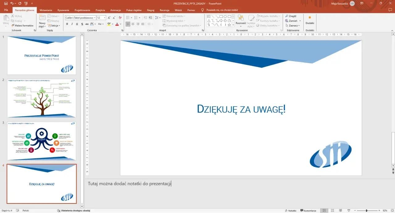 Ostatni slajd prezentacji Power Point z napisem "Dziękuję za uwagę!" i logo. To przykład, jak zrobić prezentację multimedialną.