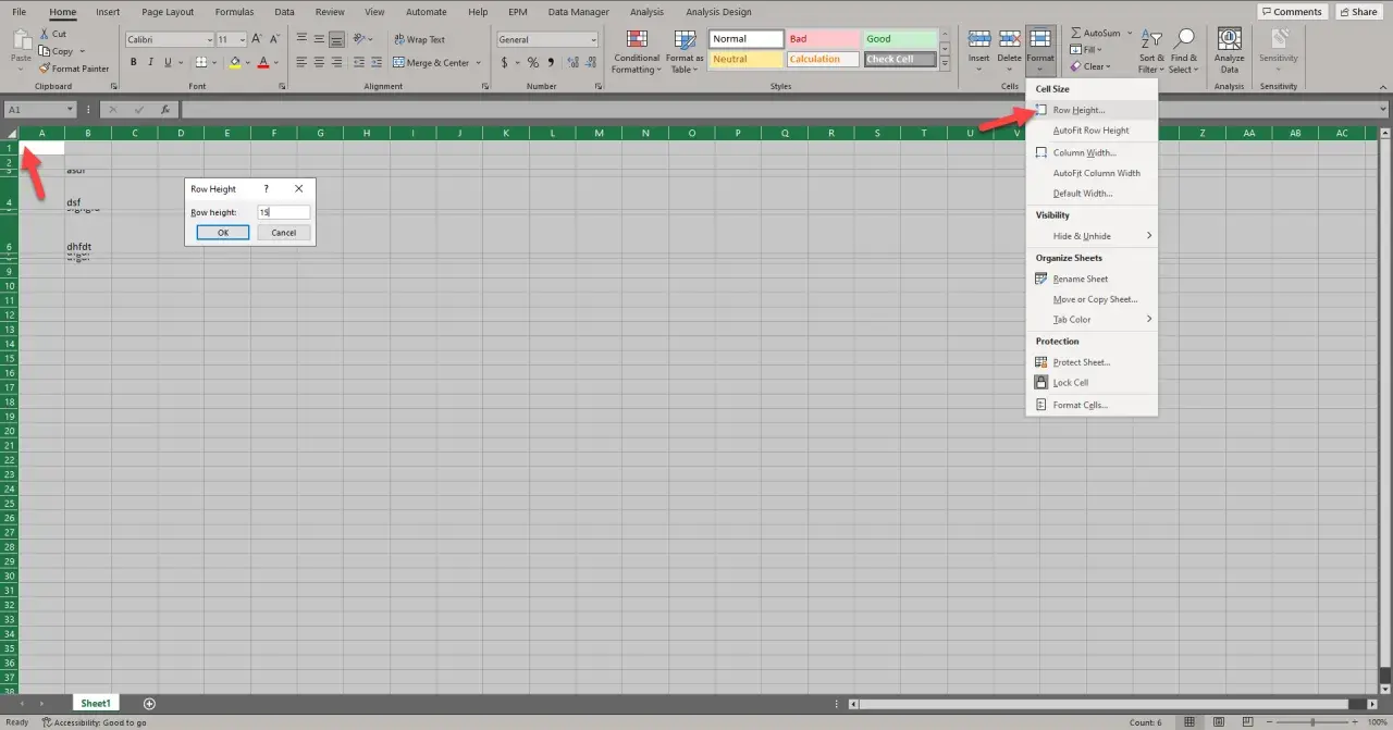 Jak odkryć wszystkie wiersze w Excel? Kliknij Format, a następnie wybierz "Wysokość wiersza".