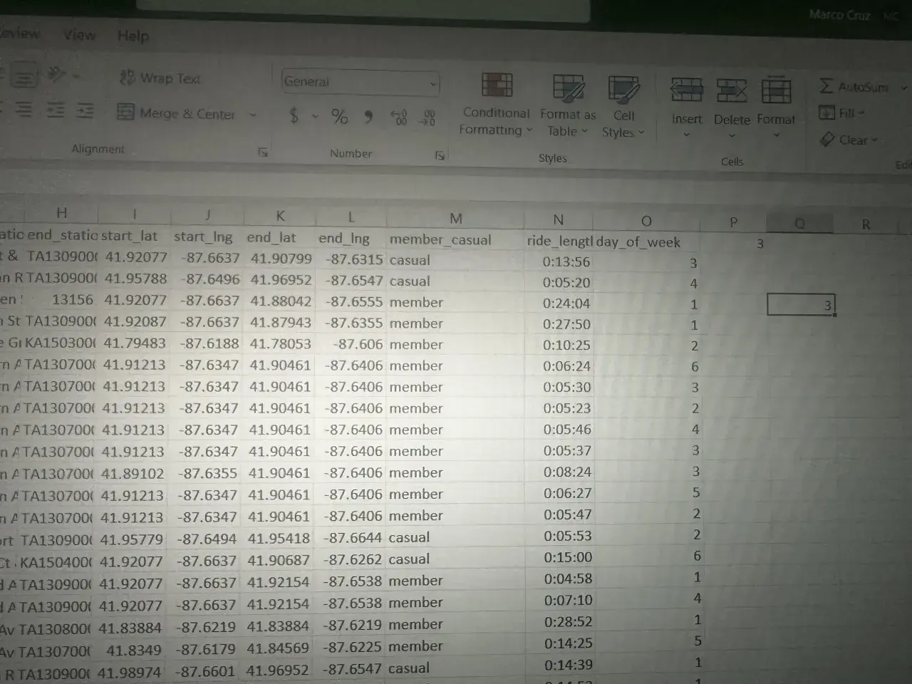 Arkusz kalkulacyjny Excel z danymi, w tym kolumną "member_casual". W komórce P3 widnieje liczba 3, co może być wynikiem analizy, jak obliczyć dominantę w Excelu.