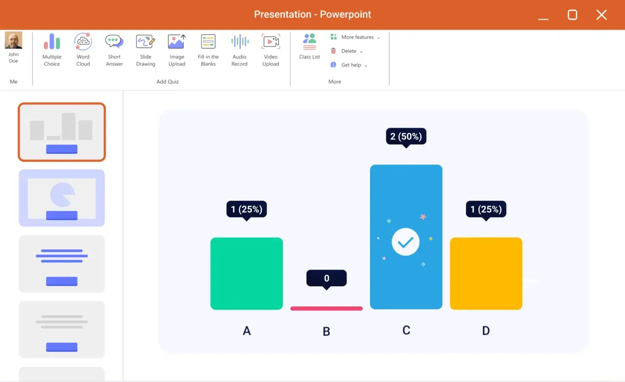 Interfejs PowerPoint z opcjami dodawania quizów, nagrań audio i wideo. Widoczny wykres słupkowy z wynikami.