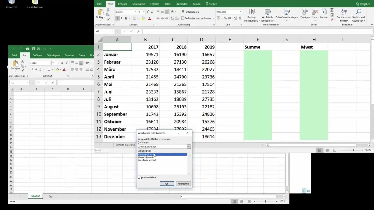 Okno dialogowe "Przesuń lub kopiuj" w Excelu, gdzie użytkownik chce wyszukać pionowo z innego arkusza Excel, wybierając "Umsatz Q4 2019".