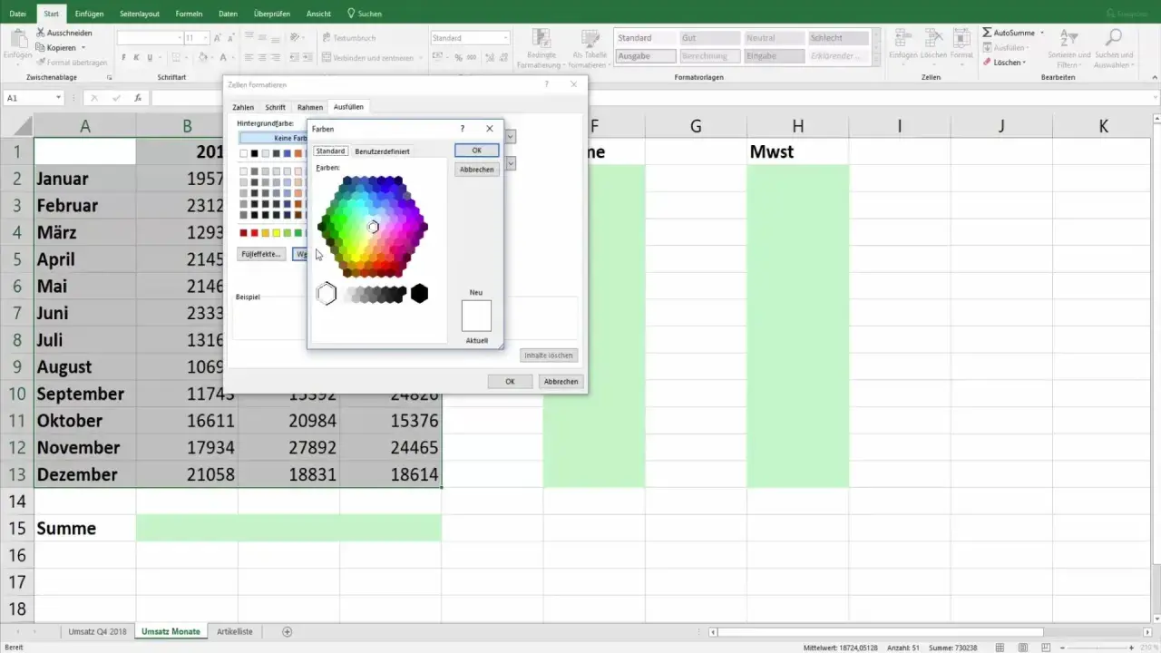 Excel: okno dialogowe "Formatowanie komórek" z paletą kolorów do ustawienia tła, pokazujące jak działa formatowanie warunkowe w zależności od innej komórki.