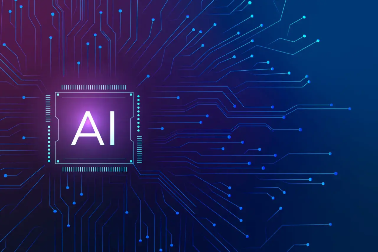 Sztuczna inteligencja (AI) jako serce cyfrowego świata, na którym robi się prezentacje o przyszłości technologii.