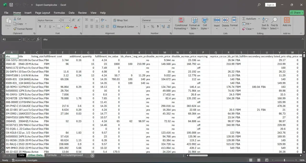 Gotowe formuły do Excela: arkusz z danymi produktów, cenami i statusem fulfillment.