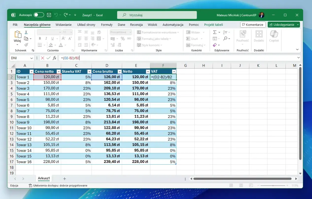 Arkusz kalkulacyjny Excel pokazuje, jak obliczyć VAT. W kolumnie F widoczna jest formuła =(D2-B2)/B2, która pozwala na szybkie wyliczenie podatku.