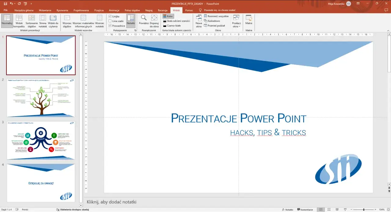 Widok prezentacji w programie PowerPoint, pokazujący slajdy z grafikami i tekstem. Dowiedz się, powerpoint co to jest i jak go używać.