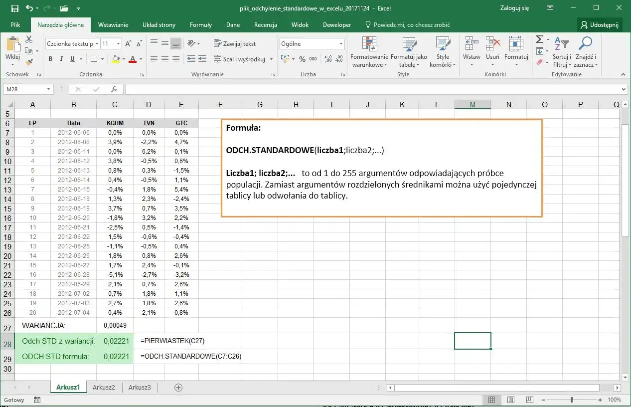 Arkusz Excel z danymi i formułą ODCH.STANDARDOWE do obliczenia wariancji.