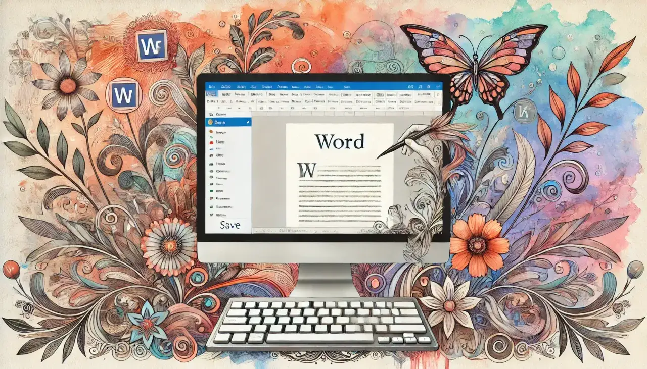 Komputer z programem Word, klawiatura i ozdobne kwiaty. Dowiedz się, jak zrobić cudzysłów w Wordzie, by pięknie formatować tekst.