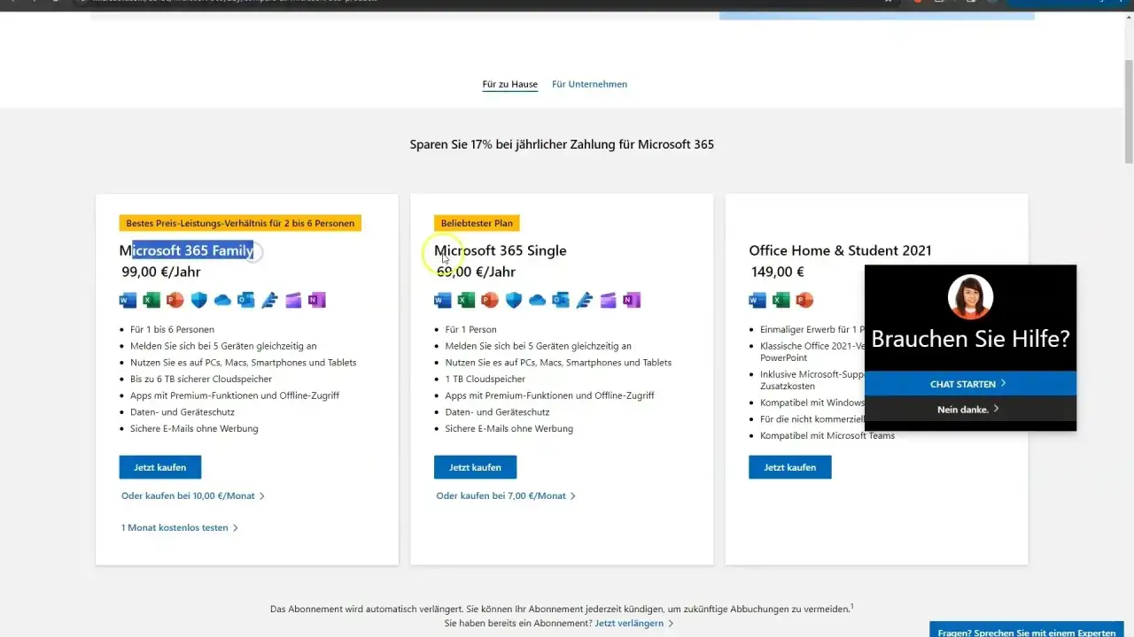 Porównanie cen Microsoft 365: Family za 99€/rok (ok. 8,25€/miesiąc), Single za 69€/rok (ok. 5,75€/miesiąc). Ile kosztuje Excel na miesiąc?