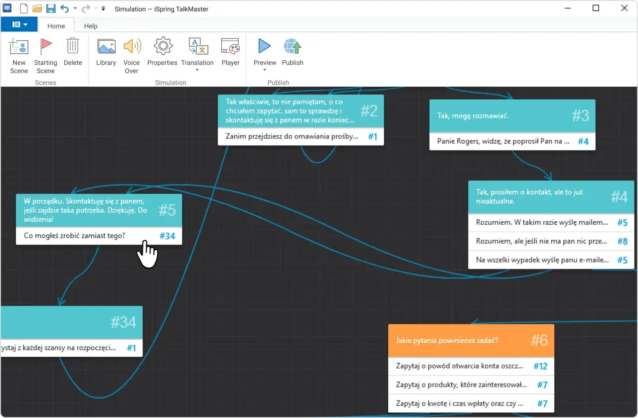 Symulacja rozmowy w iSpring TalkMaster. Tworzenie ścieżek dialogowych, jak w interaktywnym PowerPoint.