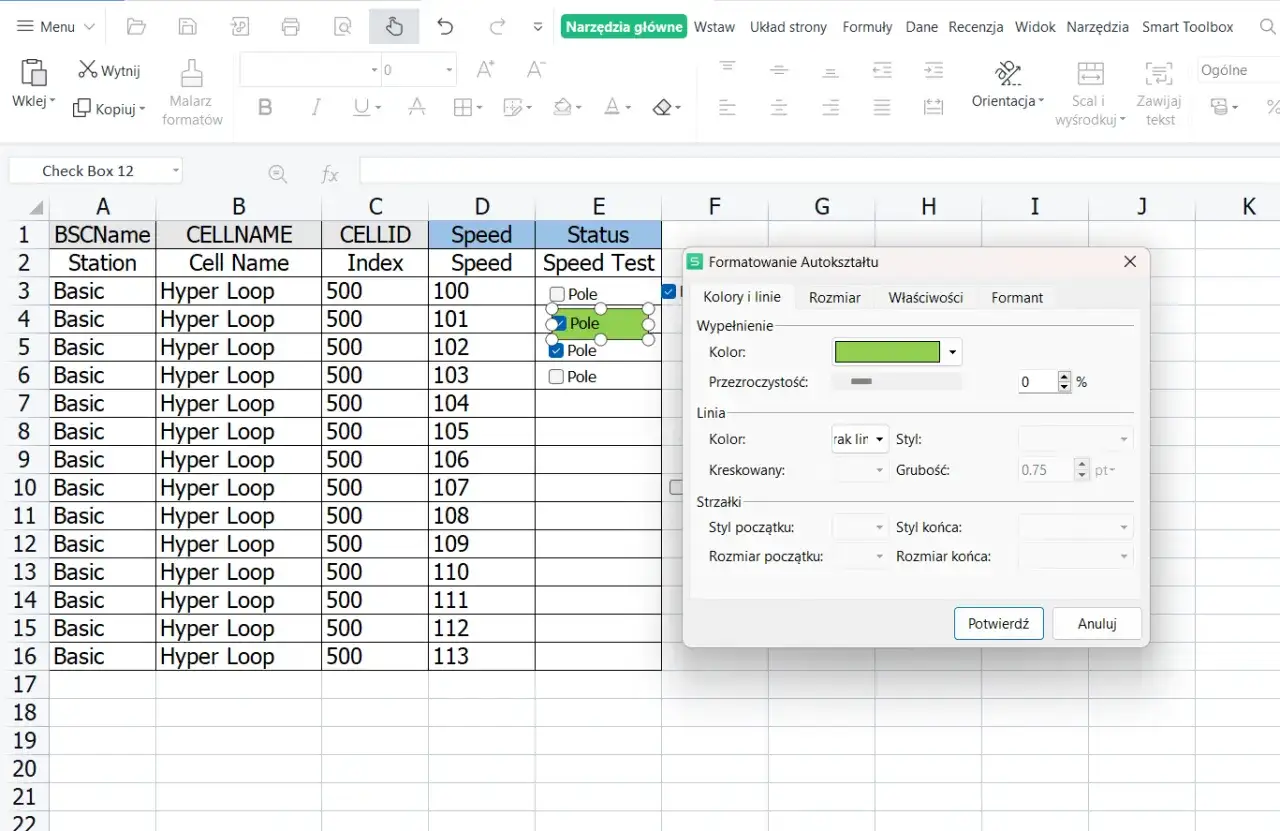 Excel: formatowanie autokształtu dla pól wyboru. Widoczna jest tabela z danymi i okno dialogowe formatowania.