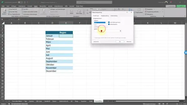 Excel: okno "Sprawdzanie poprawności danych" z listą miesięcy, opcja "Tak/Nie" dla pustych komórek.